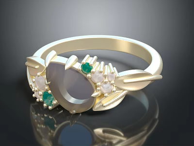 Gold Ring with Gray Center Gemstone Green and White Accents Leaf Shaped Design 3d model