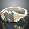 Gold Ring with Gray Center Gemstone Green and White Accents Leaf Shaped Design