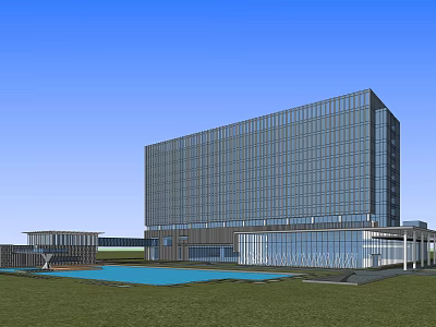 Modern Hotel Building With Glass Facade Blue Pool Green Lawn And Attached Lower Structure 3d model