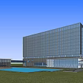 Modern Hotel Building With Glass Facade Blue Pool Green Lawn And Attached Lower Structure