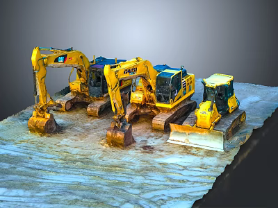 Yellow Construction Equipment With CAT Excavators And Bulldozers On Site 3d model