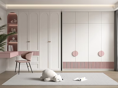 White And Pink Modern Wardrobe With Arched Doors Circular Accents And Pink Desk Chair 3d model