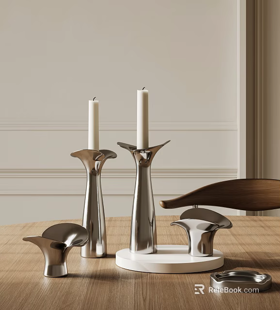 Sleek Modern Metallic Candle Holders With White Candles On Wooden Table And Minimalist Wall 3d model 