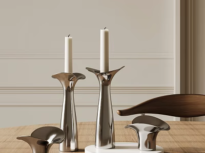 Sleek Modern Metallic Candle Holders With White Candles On Wooden Table And Minimalist Wall 3d model