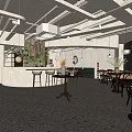 Modern Open Lounge Area Interior Design With Bar Stools Counter Dining Tables And Green Plants