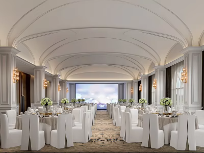 Elegant Banquet Hall With Arched Ceiling Chandeliers Large Screen White Chairs And Tables With Flowers 3d model