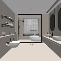 Modern Bathroom Interior Design With Wall Mounted Shelves Bathtub And Double Vanity Sinks
