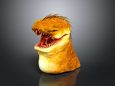 Realistic 3D Monster Head Model With Open Mouth Sharp Teeth Yellow Brown Skin And Mane 3d model