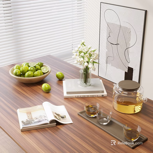 Elegant Glass Teapot Set On Wooden Tabletop With Limes Books White Flowers And Decorative Art 3d model 