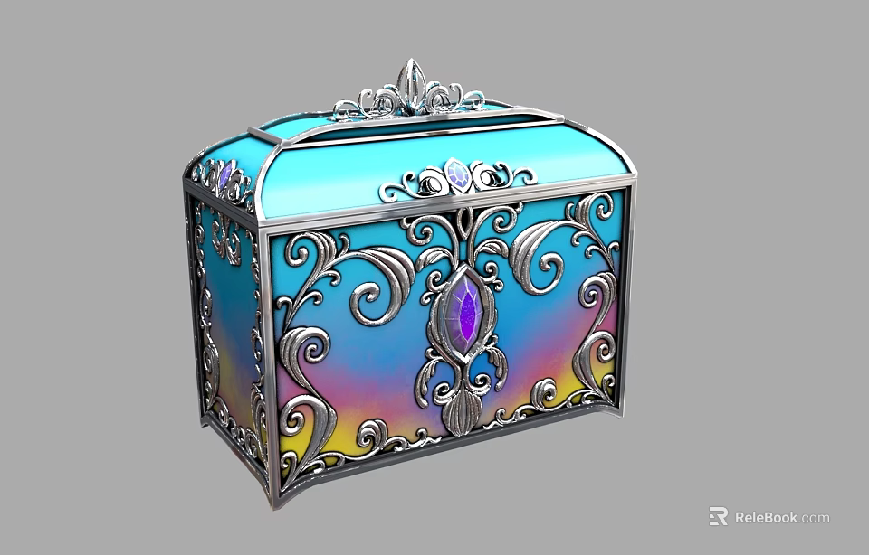 Ornate Decorative Storage Box With Silver Filigree Blue Iridescent Surface And Purple Gemstone 3d model 