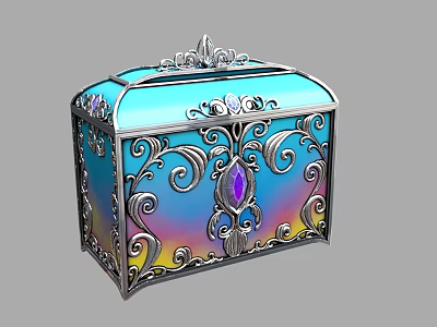 Ornate Decorative Storage Box With Silver Filigree Blue Iridescent Surface And Purple Gemstone 3d model