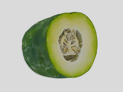 Fresh Winter Melon Cut Open Showing Green Outer Skin And Inner Seeds 3d model