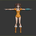 3D Character Model With Pigtails Orange Jumpsuit Blue Gloves And Outstretched Arms