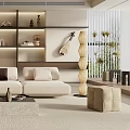 Modern Living Room Interior With Beige Sofa Coffee Table Wall Shelves And Art