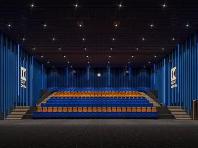 Modern Cinema Theater Interior Featuring Blue And Orange Seats Arranged In Rows 3d model