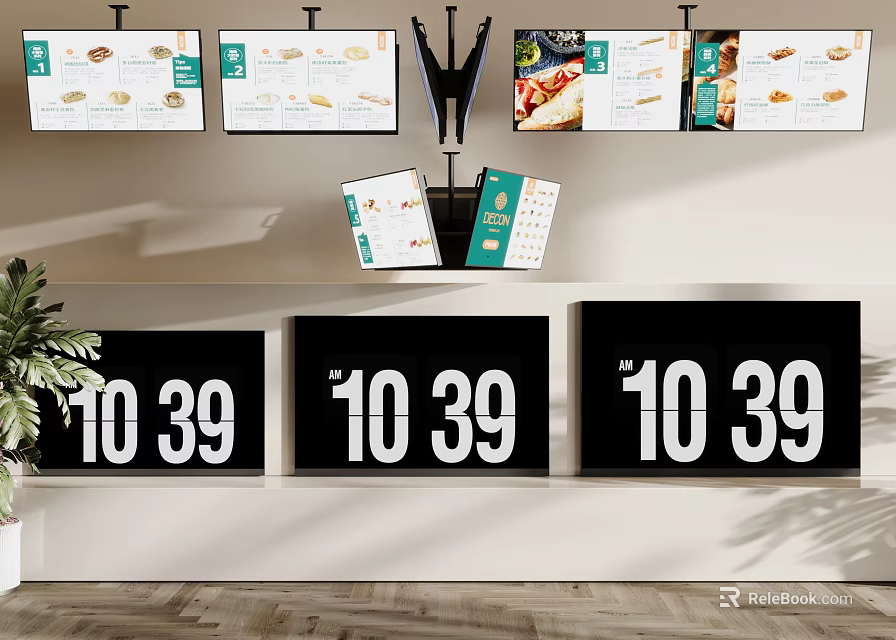 Multiple Televisions Displaying Food Menu Content And Digital Numbers 10 39 In Indoor Commercial Setting 3d model 