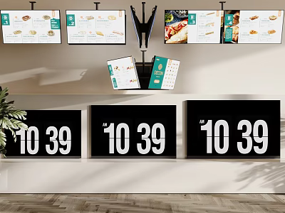 Multiple Televisions Displaying Food Menu Content And Digital Numbers 10 39 In Indoor Commercial Setting 3d model