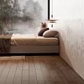 Minimalist Modern Double Bed with White Gray Pillows Brown Blanket Nightstands Lamps and Area Rug