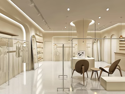Modern Clothing Store Interior Design With Hanging Racks Display Shelves And Soft Lighting 3d model