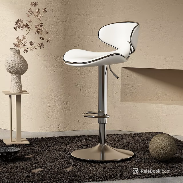 Modern White Bar Stool With Silver Metal Frame And Adjustable Height In Beige Wall Setting 3d model 