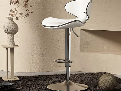 Modern White Bar Stool With Silver Metal Frame And Adjustable Height In Beige Wall Setting 3d model