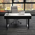 Modern Office Desk With Open Laptop Wooden Drawers And Black Metal Legs