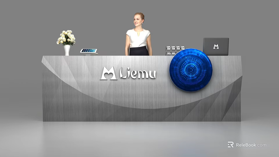 Modern Reception Desk With Liemu Logo Blue Circular Decor Laptop Tablet And White Flower Bouquet 3d model 