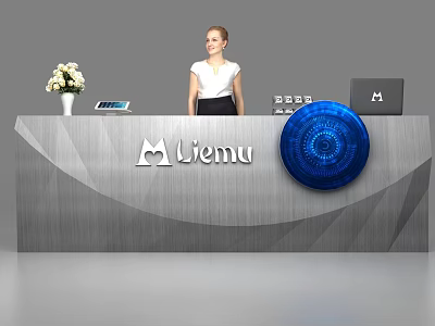 Modern Reception Desk With Liemu Logo Blue Circular Decor Laptop Tablet And White Flower Bouquet 3d model