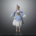 Young Girl In Blue Lolita Costume With Frilled Sleeves Lace Skirt And Bow Decorations