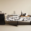 Modern Marble Top Coffee Table With Black Metal Frame And Decorative Items