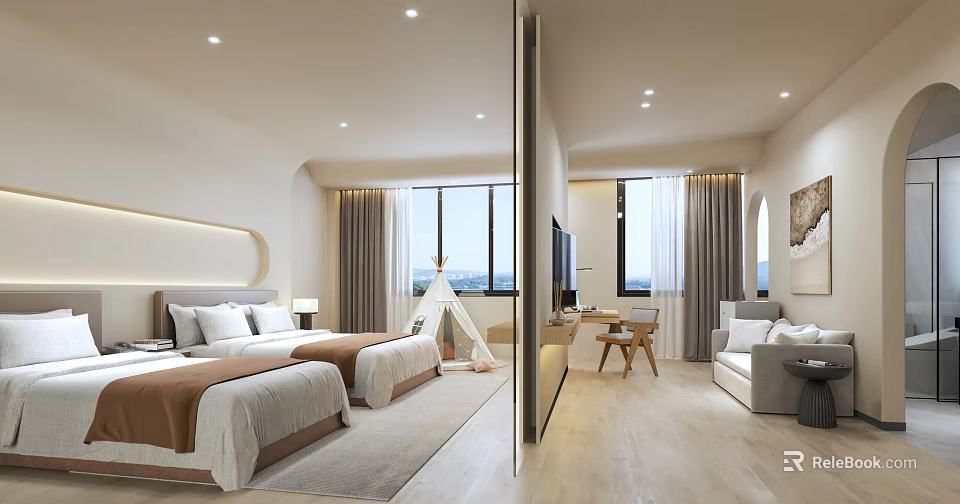 Elegant Modern Hotel Room Interior With Double Bed Large Window Sofa And Work Desk 3d model 