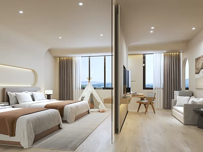 Elegant Modern Hotel Room Interior With Double Bed Large Window Sofa And Work Desk 3d model