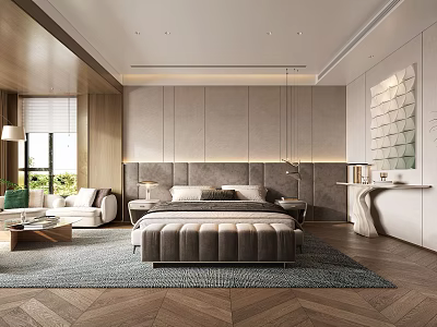 Modern Luxury Bedroom Interior With King Size Bed Wooden Floor And Wall Art 3d model