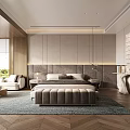 Modern Luxury Bedroom Interior With King Size Bed Wooden Floor And Wall Art