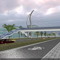 Modern White Arched Bridge Over Highway With Vehicles Trees Transparent Railing And Cloudy Sky