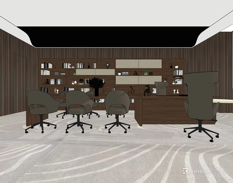 Modern Office Desk With Brown Bookshelves Multiple Office Chairs Books Wooden Walls And Patterned Carpet 3d model 