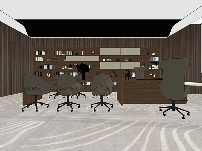 Modern Office Desk With Brown Bookshelves Multiple Office Chairs Books Wooden Walls And Patterned Carpet 3d model