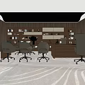 Modern Office Desk With Brown Bookshelves Multiple Office Chairs Books Wooden Walls And Patterned Carpet