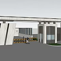 Modern Building Entrance Gate Design With Geometric Walls Glass Doors And Overhanging Roof