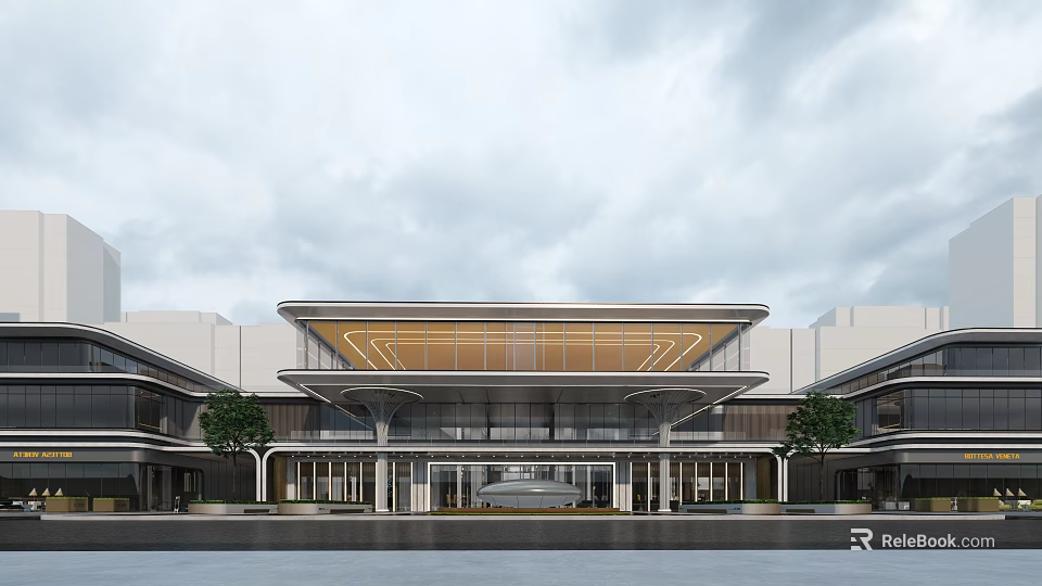 Modern Architectural Exterior With Glass Facade Unique Roof Design And Landscaping Trees 3d model 