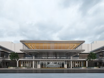 Modern Architectural Exterior With Glass Facade Unique Roof Design And Landscaping Trees 3d model