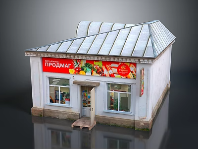 Small Grocery Store Building Exterior With Red Sign Vegetable Fruit Images And Silver Roof 3d model