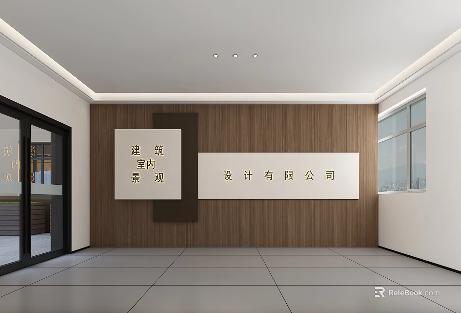 Public Office Space Modern Interior With Wooden Walls Floor to Ceiling Windows And Company Signage 3d model 