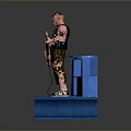 3D Musician Figure Wearing Colorful Glasses Holding Electric Bass With Blue Amplifier And Platform