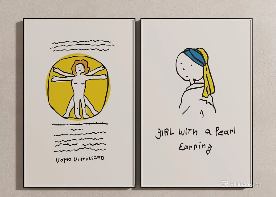 Cartoon Style Wall Art Featuring Vitruvian Man and Girl with Pearl Earring 3d model 