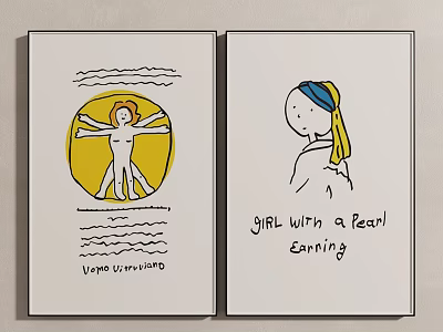Cartoon Style Wall Art Featuring Vitruvian Man and Girl with Pearl Earring 3d model
