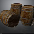 Three Wooden Barrels Standing And Tilted With Metal Hoops And Wood Texture