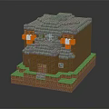 Cartoon Pixel House Scene With Brown Bricks Gray Roof Green Grass And White Decorations