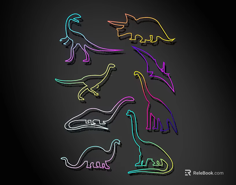 Colorful Dinosaur Silhouette Decorative Lights With Neon Lines On Black Background 3d model 