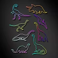 Colorful Dinosaur Silhouette Decorative Lights With Neon Lines On Black Background